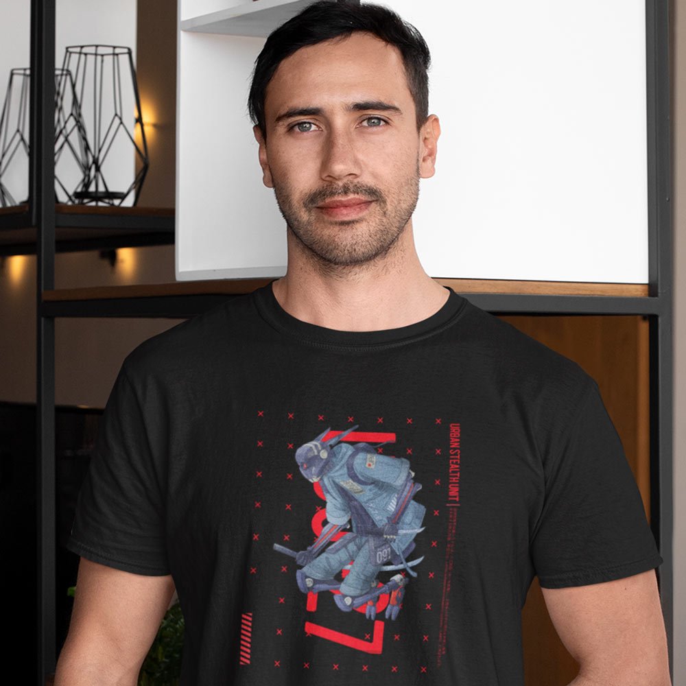 Pure Cotton Bio-Washed T-Shirt Chest Printed-Japanese Anime Art Series - 8 - Mecha U27 Urban Stealth Unit Design-by ZingerTees-Unisex-EL9120222