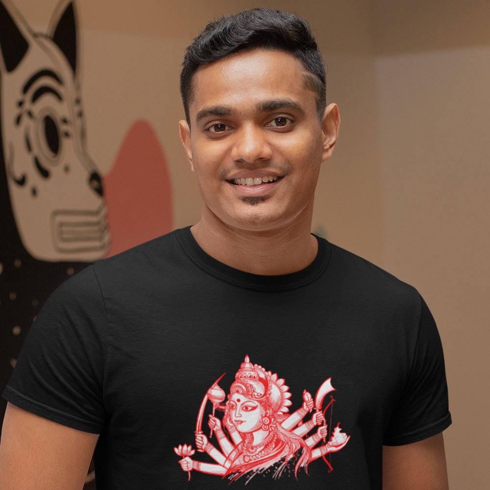 Pure Cotton Bio-Washed T-Shirt Chest Printed-Goddess Durga - Pencil Art Design-by ZingerTees-Unisex-EL9120124 - Image 2