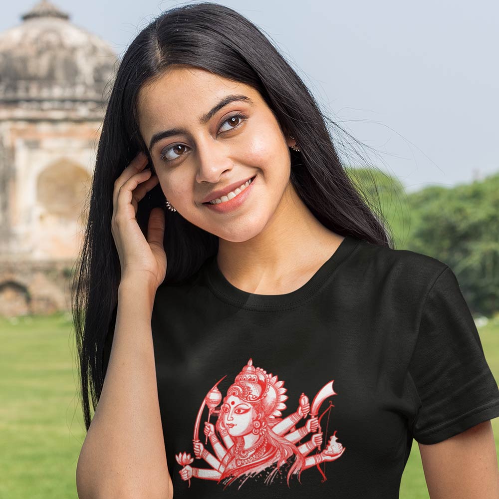 Pure Cotton Bio-Washed T-Shirt Chest Printed-Goddess Durga - Pencil Art Design-by ZingerTees-Unisex-EL9120124