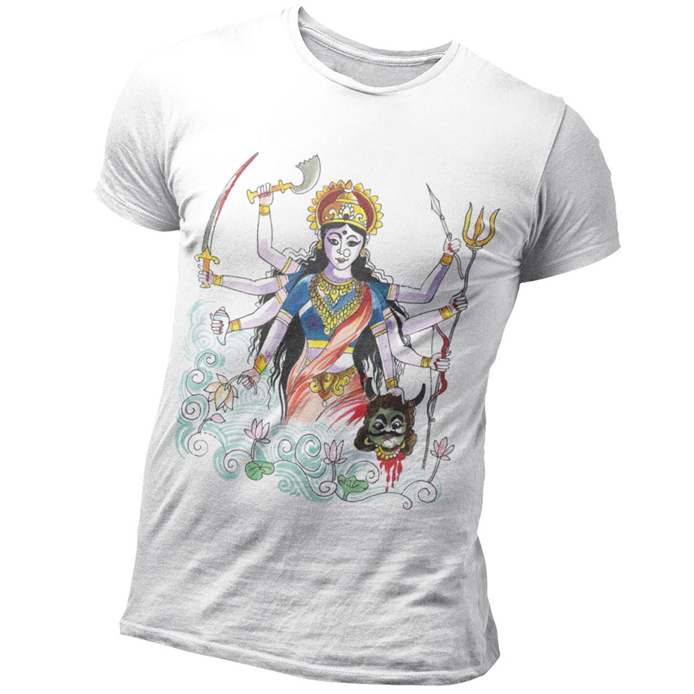 Pure Cotton Bio-Washed T-Shirt Chest Printed-Goddess Durga - Water Color Design-by ZingerTees-Unisex-EL9120123 - Image 4