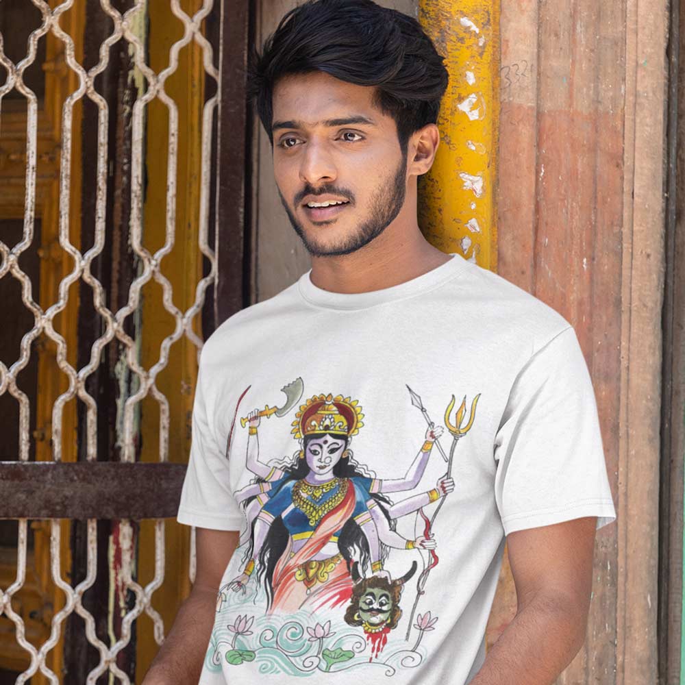 Pure Cotton Bio-Washed T-Shirt Chest Printed-Goddess Durga - Water Color Design-by ZingerTees-Unisex-EL9120123 - Image 2