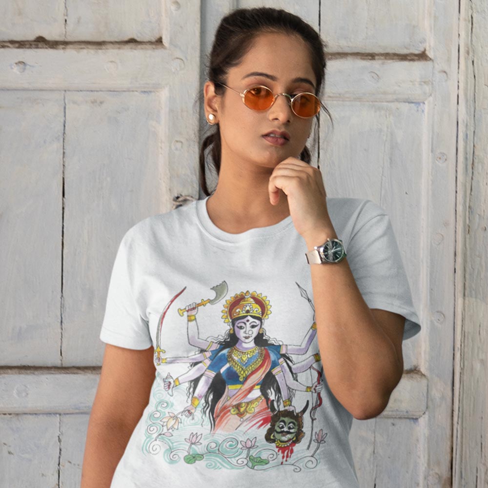 Pure Cotton Bio-Washed T-Shirt Chest Printed-Goddess Durga - Water Color Design-by ZingerTees-Unisex-EL9120123