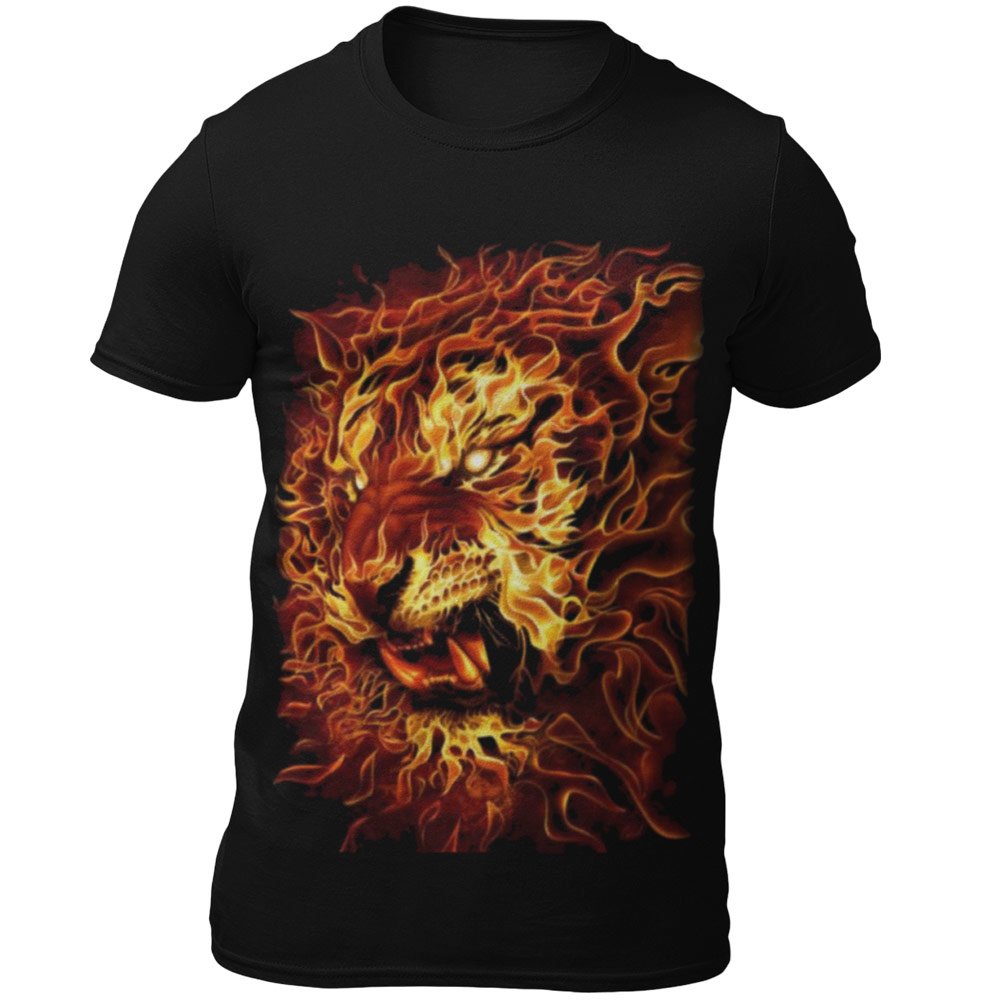 Pure Cotton Bio-Washed T-Shirt Chest Printed-Flame Art Series -1 - Flaming Lion Design for Bikers-by ZingerTees-Unisex-EL9120157 - Image 3