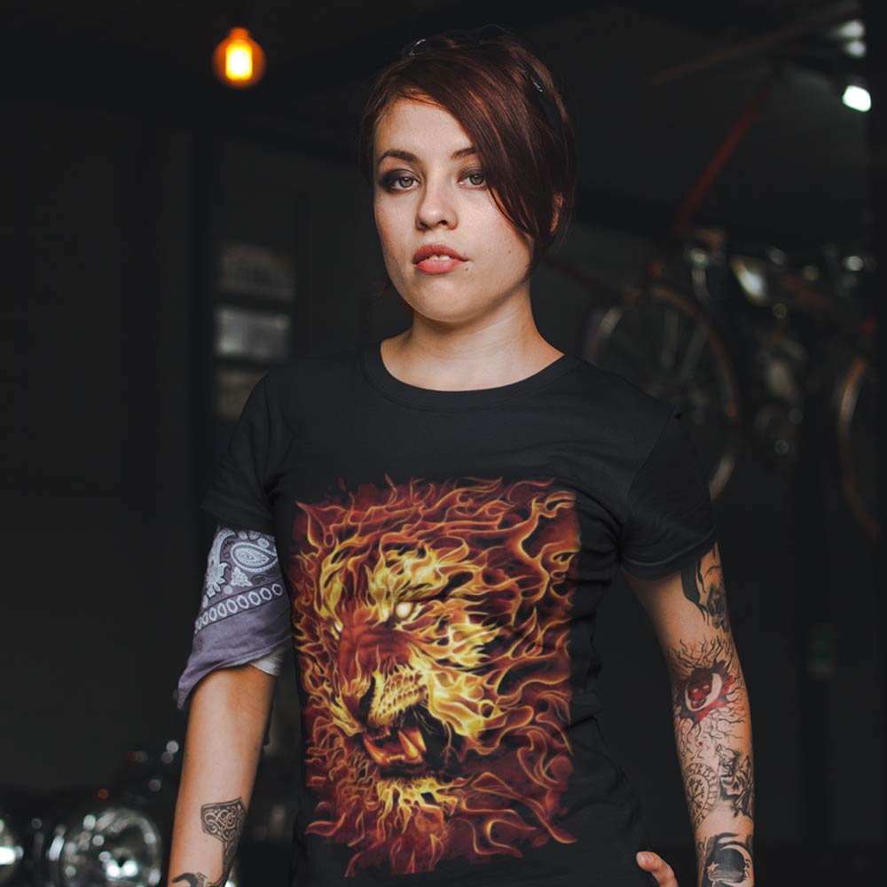 Pure Cotton Bio-Washed T-Shirt Chest Printed-Flame Art Series -1 - Flaming Lion Design for Bikers-by ZingerTees-Unisex-EL9120157 - Image 2
