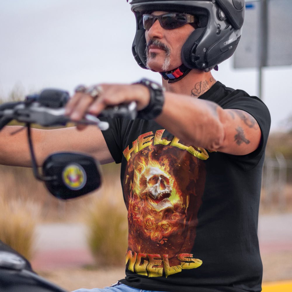 Pure Cotton Bio-Washed T-Shirt Chest Printed-Flame Art Series -7 - Flaming Hell Angels for Bikers-by ZingerTees-Unisex-EL9120163