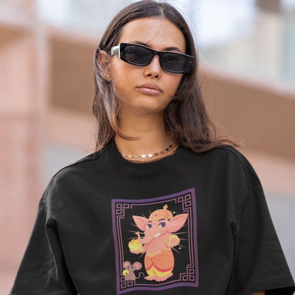 Pure Cotton Bio-Washed T-Shirt Chest Printed-God - Ganesha - 6 - Mahabala: Enormously Strong lord Design-by ZingerTees-Unisex-EL9120213