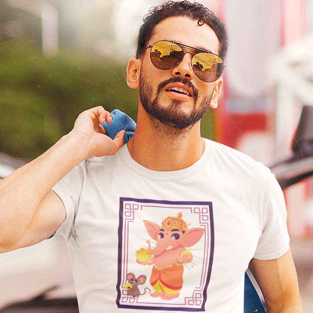 Pure Cotton Bio-Washed T-Shirt Chest Printed-God - Ganesha - 6 - Mahabala: Enormously Strong lord Design-by ZingerTees-Unisex-EL9120213 - Image 2