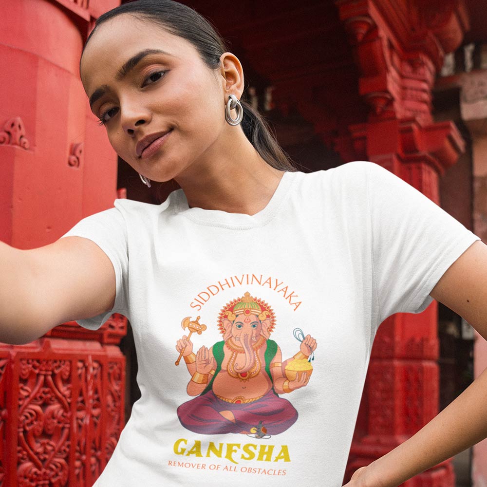 Pure Cotton Bio-Washed T-Shirt Chest Printed-God - Ganesha -1 - Remover of all Obstacles Design-by ZingerTees-Women-EL9120191
