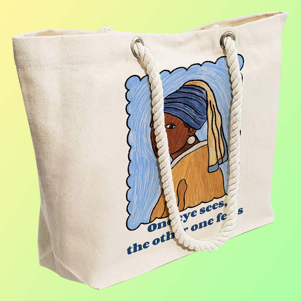 Eco-Friendly Recycled Cotton Canvas Tote Bag – Tribal Woman in Blue Headgear Design – EL8220119 - Image 3