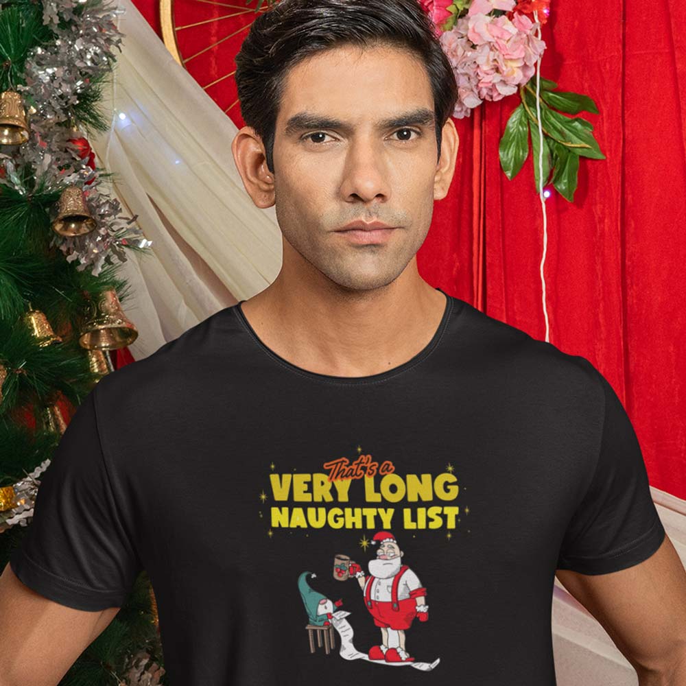 Pure Cotton Bio-Washed T-Shirt Chest Printed-Funny Christmas Series - 4 -That's A Very Long Naughty List Design-by ZingerTees-Unisex-EL9120144