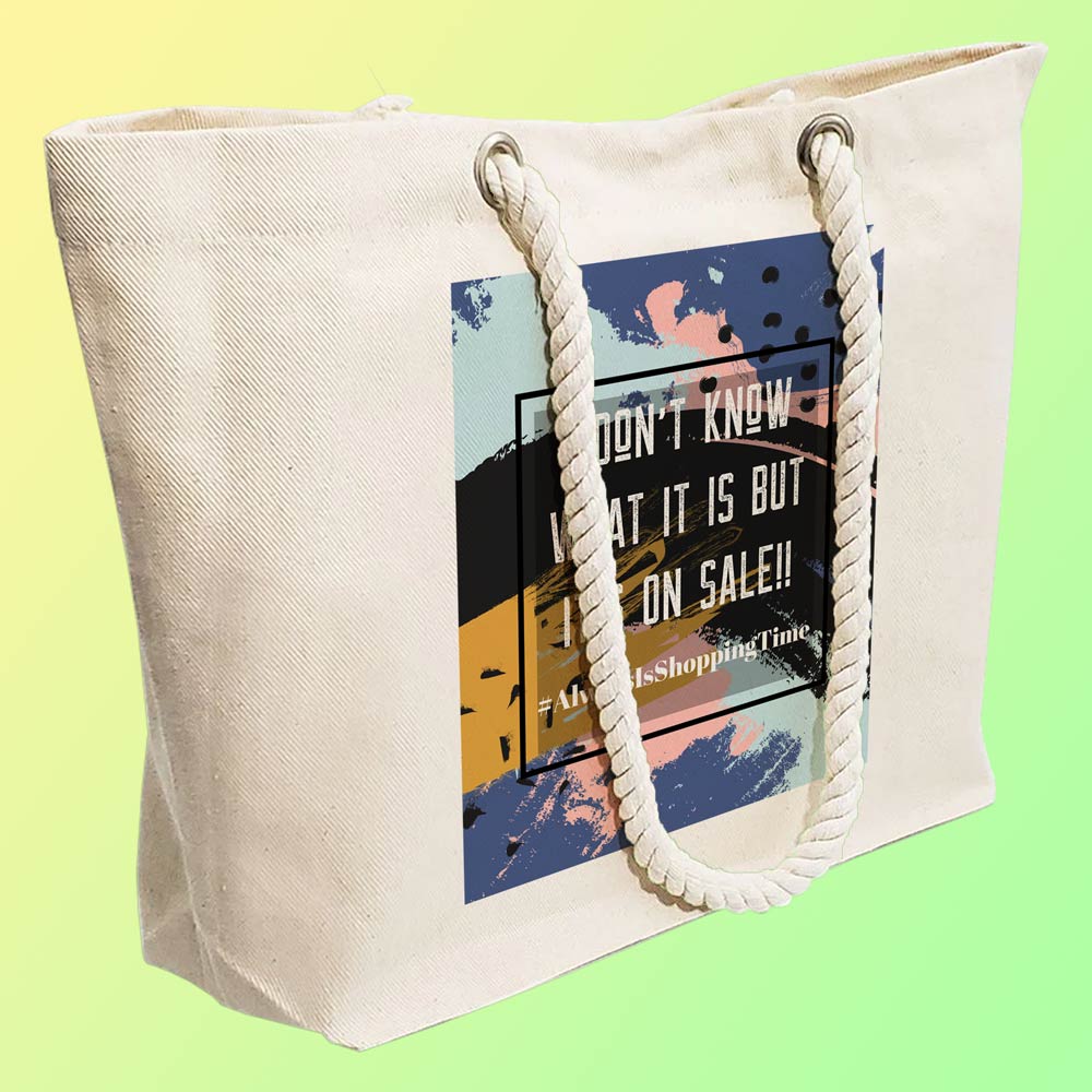 Eco-Friendly Recycled Cotton Canvas Tote Bag - Always is Shopping Time Design - EL8220135 - Image 3