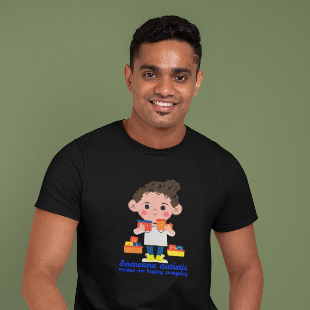 Pure Cotton Bio-Washed T-Shirt Chest Printed-Autism Acceptance Series - Someone Autistic Makes Me Happy Design-by ZingerTees-Unisex-EL9120239 - Image 4