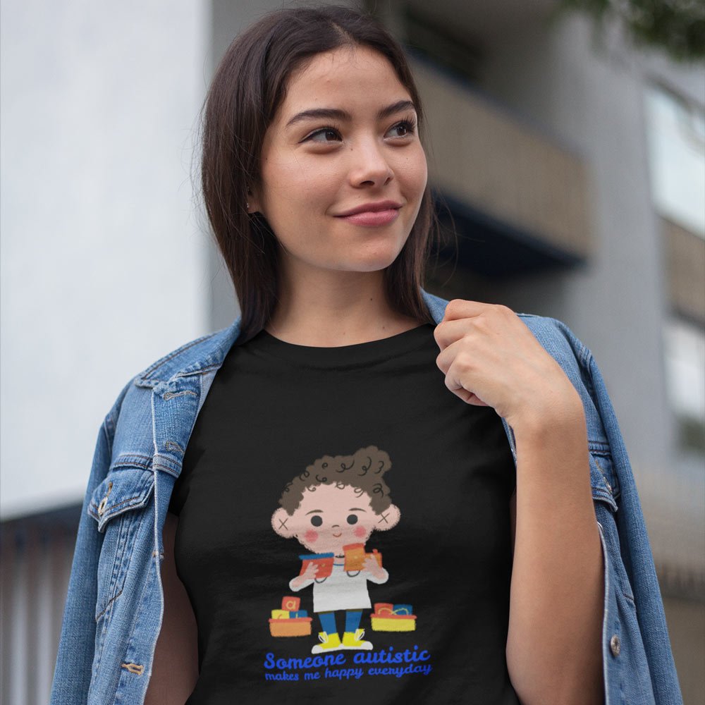 Pure Cotton Bio-Washed T-Shirt Chest Printed-Autism Acceptance Series - Someone Autistic Makes Me Happy Design-by ZingerTees-Unisex-EL9120239