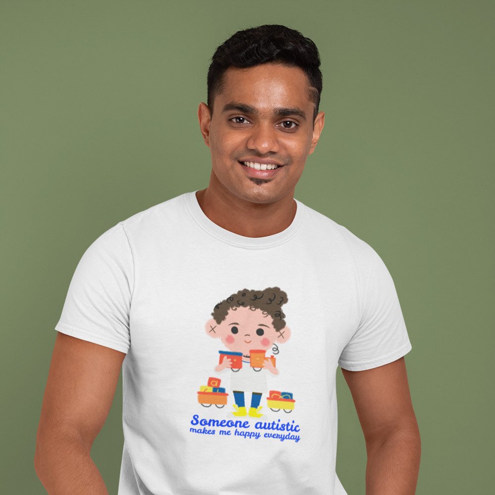 Pure Cotton Bio-Washed T-Shirt Chest Printed-Autism Acceptance Series - Someone Autistic Makes Me Happy Design-by ZingerTees-Unisex-EL9120239 - Image 2