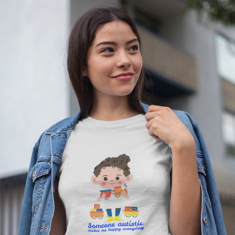 Pure Cotton Bio-Washed T-Shirt Chest Printed-Autism Acceptance Series - Someone Autistic Makes Me Happy Design-by ZingerTees-Unisex-EL9120239 - Image 3