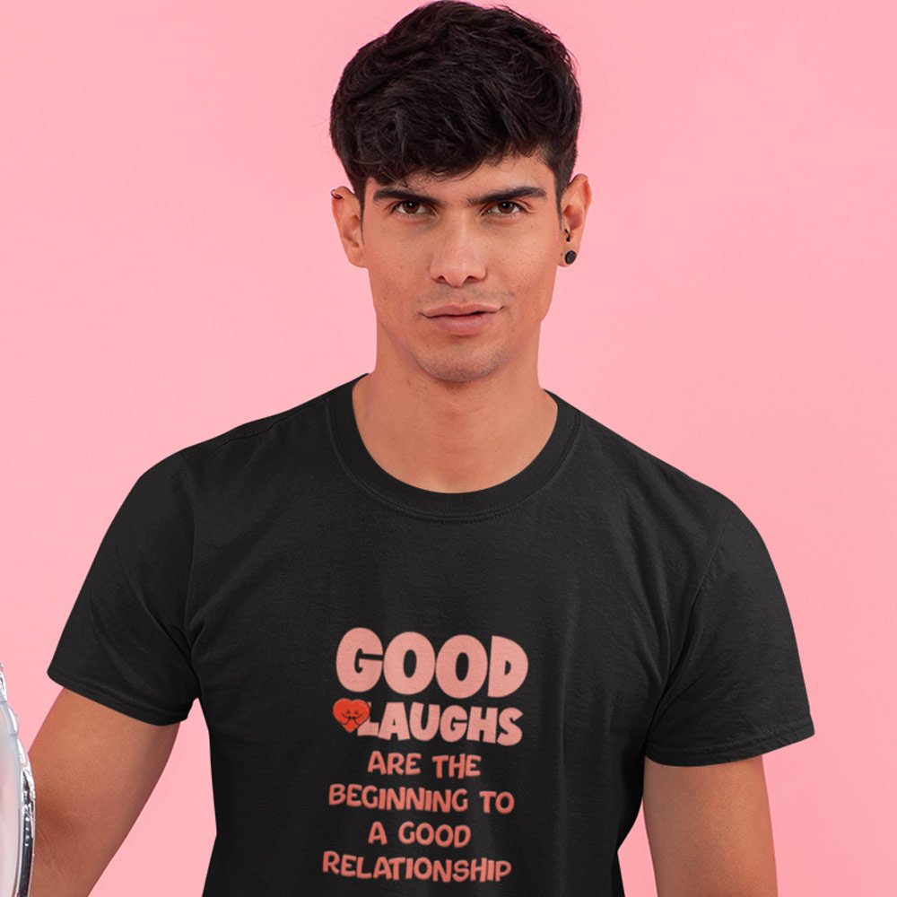 Pure Cotton Bio-Washed T-Shirt Chest Printed-Valentine's Day - Good Laughs Begin Good Relationship Design-by ZingerTees-Unisex-EL9120261 - Image 2