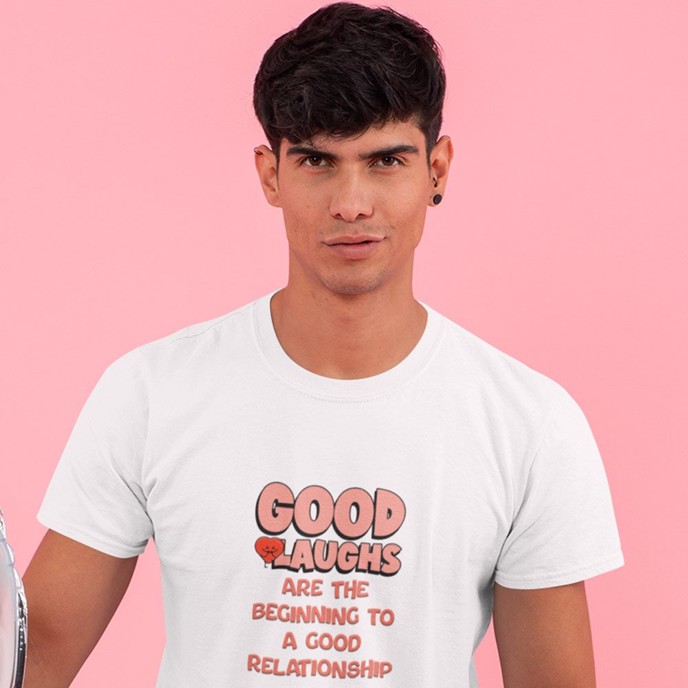 Pure Cotton Bio-Washed T-Shirt Chest Printed-Valentine's Day - Good Laughs Begin Good Relationship Design-by ZingerTees-Unisex-EL9120261 - Image 4