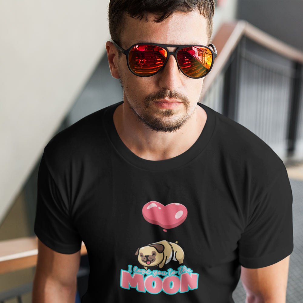 Pure Cotton Bio-Washed T-Shirt Chest Printed-Valentine's Day - Cute Pug Love You To The Moon Design-by ZingerTees-Unisex-EL9120277 - Image 2