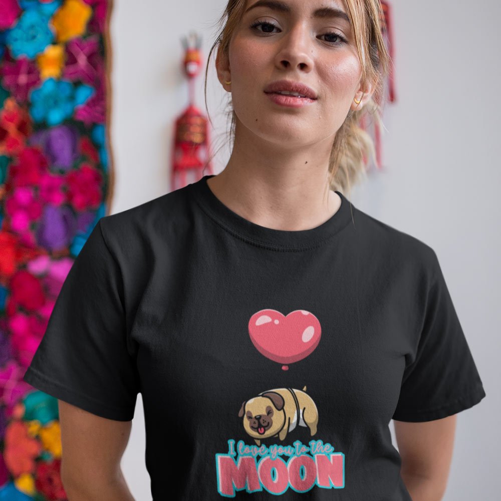 Pure Cotton Bio-Washed T-Shirt Chest Printed-Valentine's Day - Cute Pug Love You To The Moon Design-by ZingerTees-Unisex-EL9120277 - Image 3