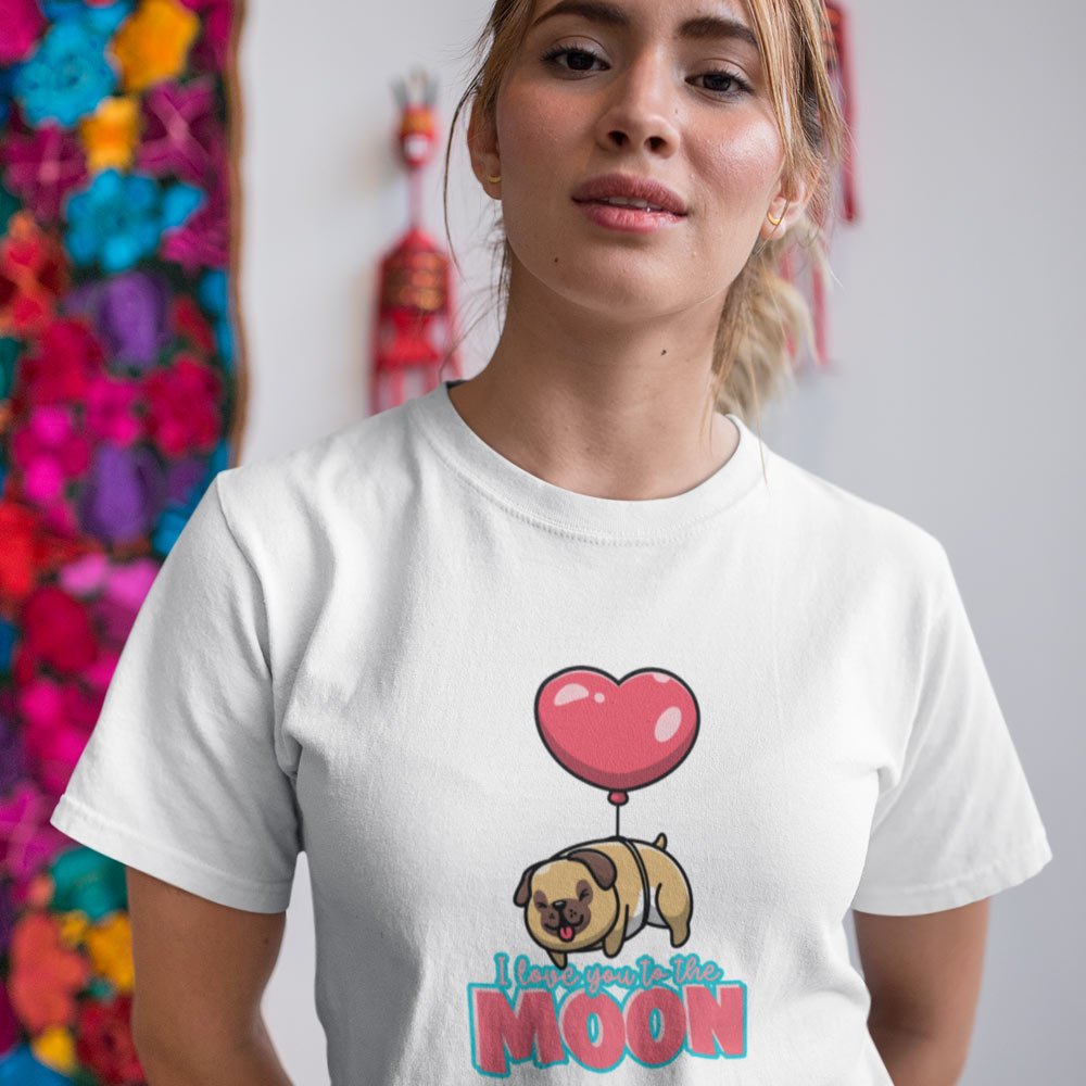 Pure Cotton Bio-Washed T-Shirt Chest Printed-Valentine's Day - Cute Pug Love You To The Moon Design-by ZingerTees-Unisex-EL9120277