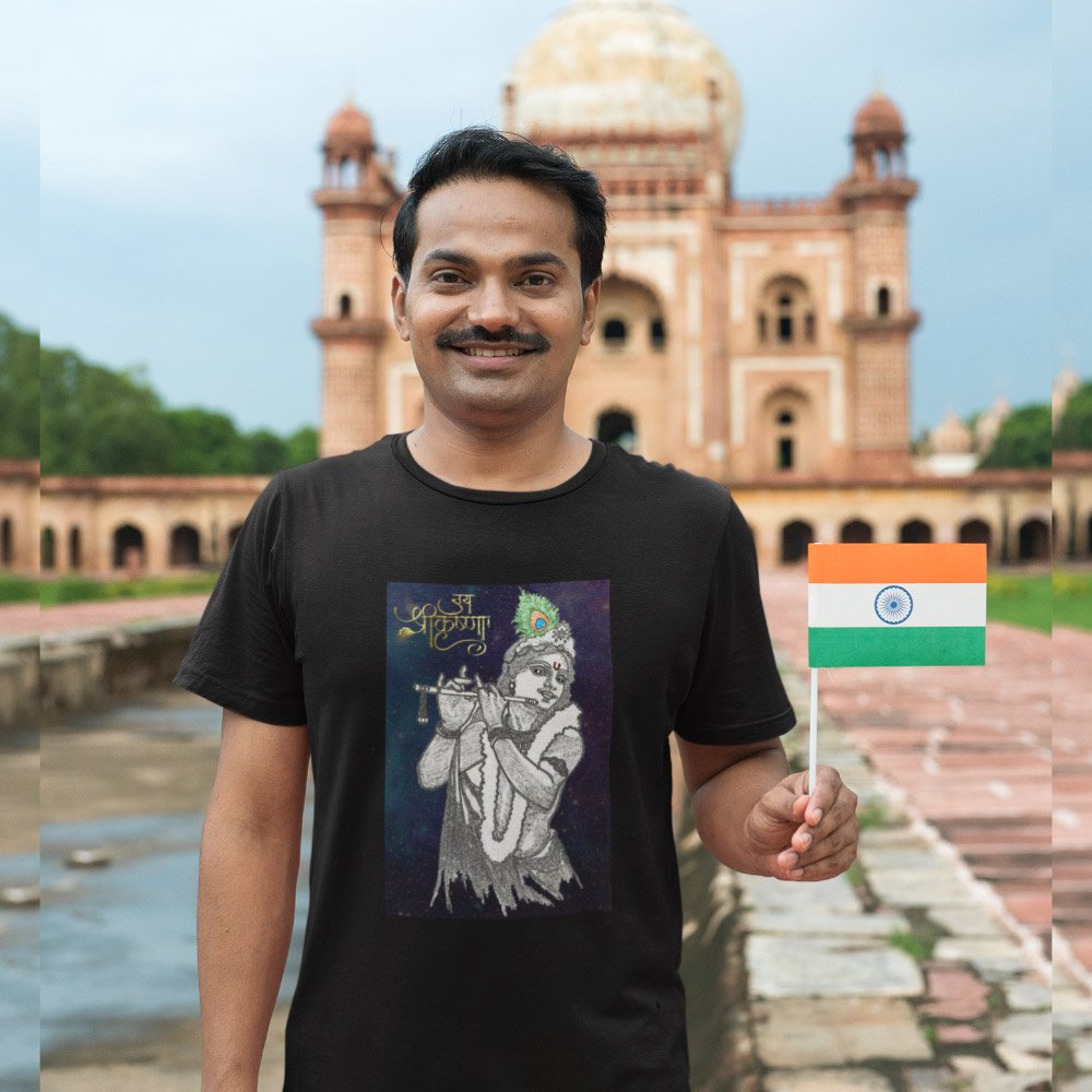 Pure Cotton Bio-Washed T-Shirt Chest Printed-Hindu God Lord Krishna-Design-4-by ZingerTees-Unisex-EL9120442 - Image 4